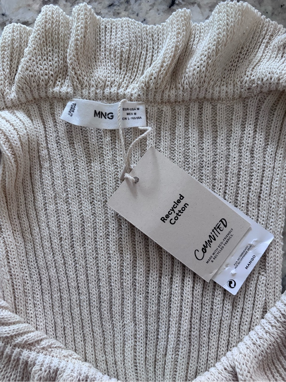 Mango Cream Ribbed Knit Top with Ruffle V-Neck - Picture 10 of 11